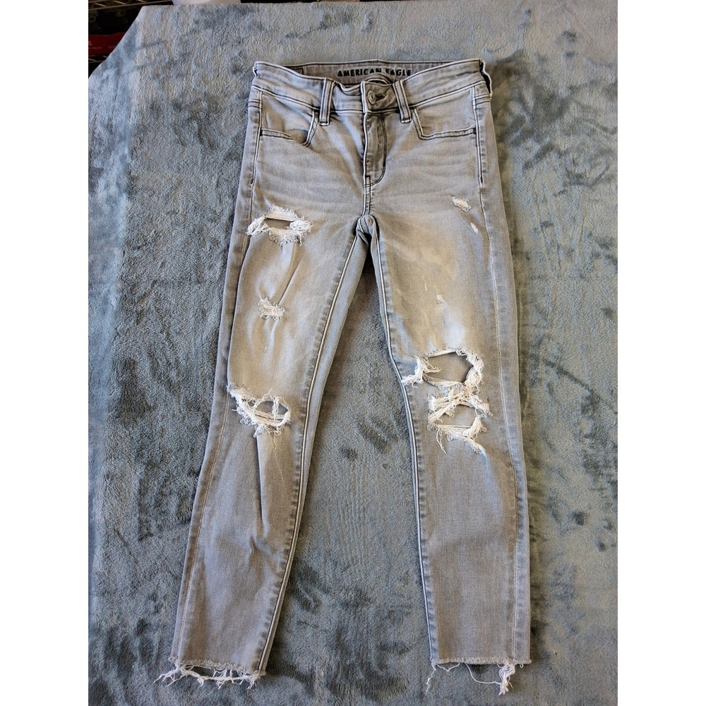 American Eagle‎ Next Level Stretch Distressed Skinny Jeans Light Gray Ripped Hem
